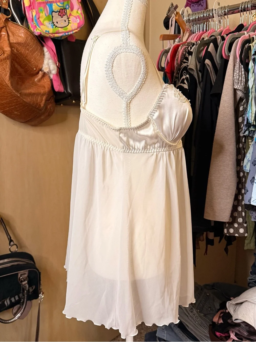 Linea Donatella Ivory Lace-Trim Satin & Chiffon Chemise